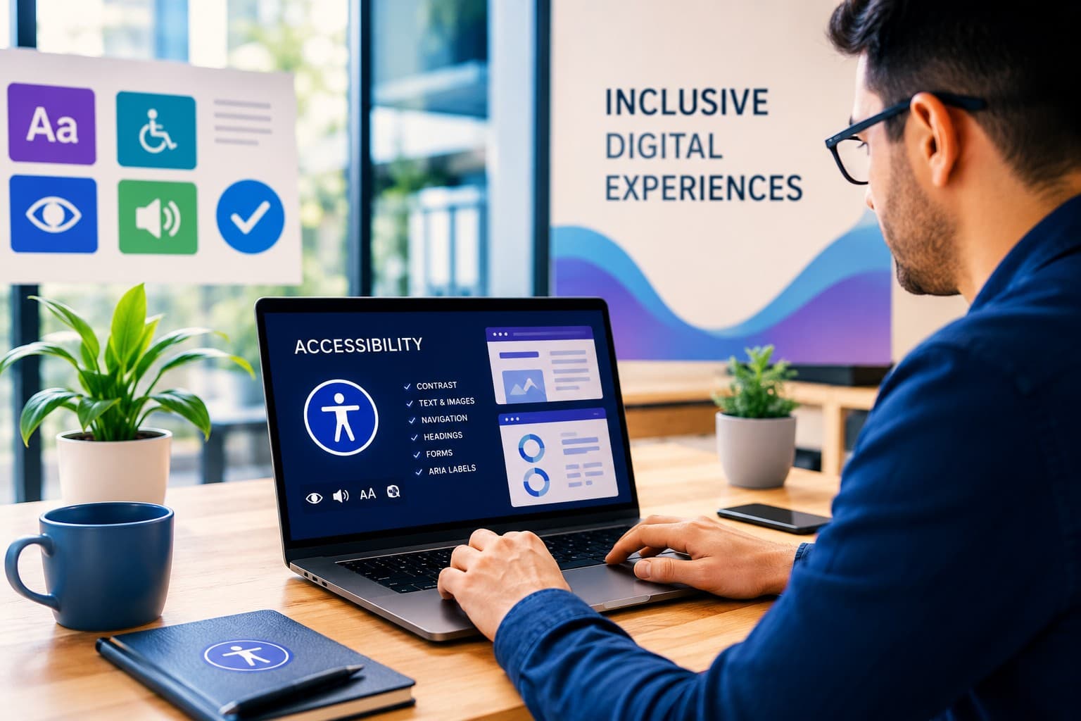 Professional reviewing digital accessibility features and an inclusive website interface on a laptop