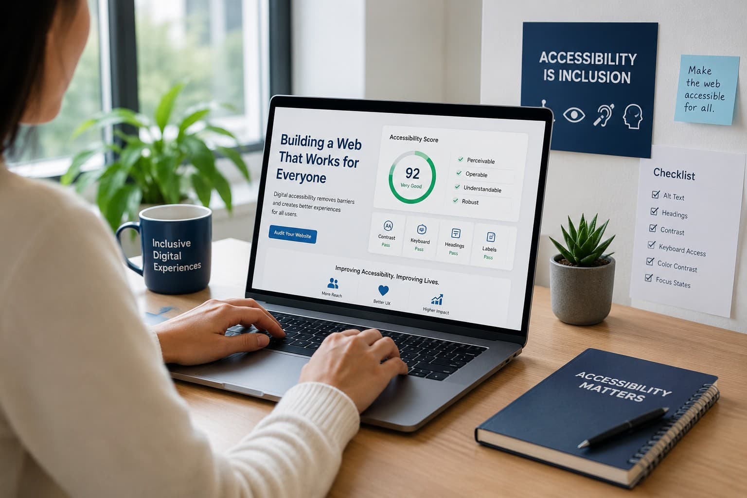 Professional reviewing an accessible digital interface on a laptop